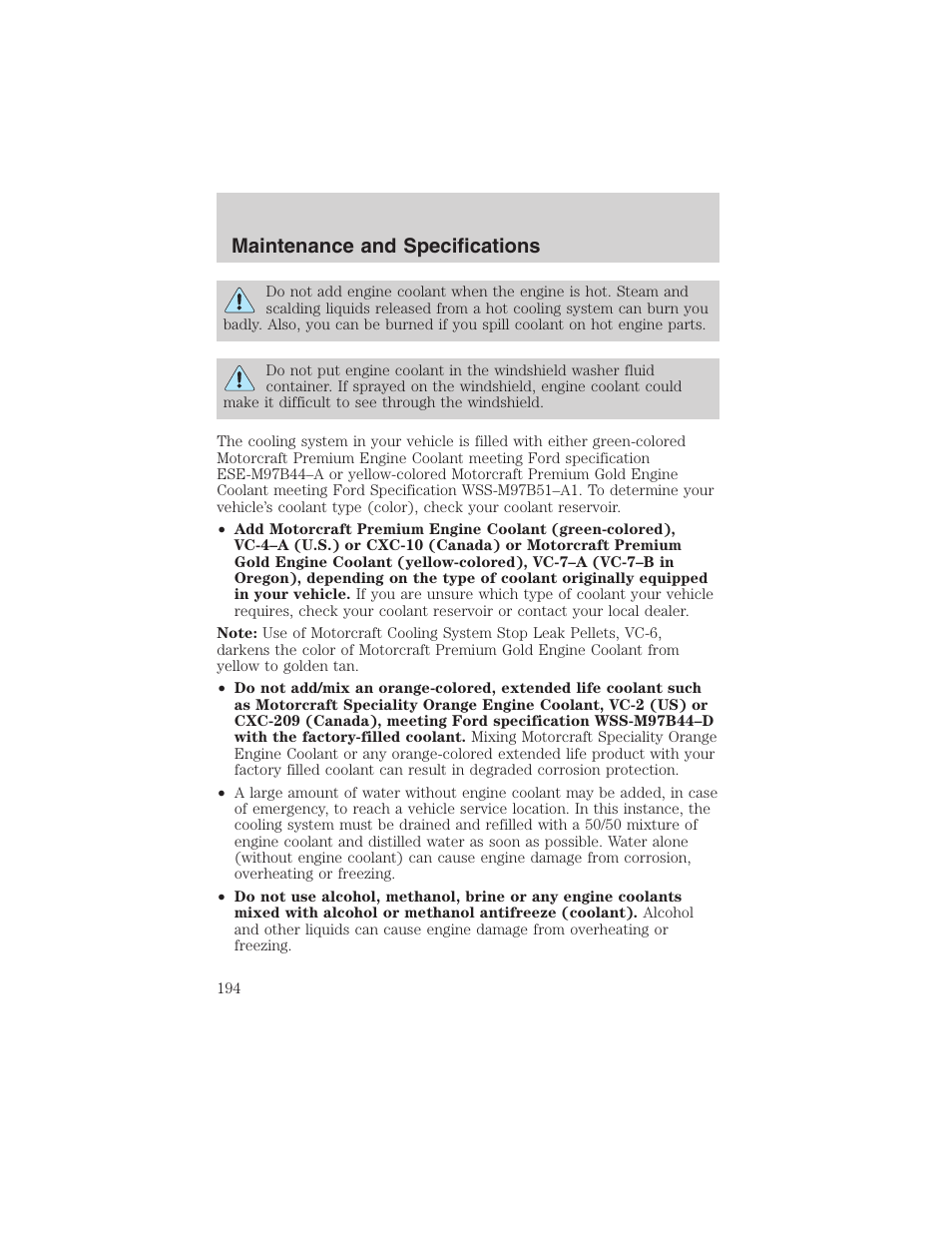 Maintenance and specifications | FORD 2002 Thunderbird User Manual | Page 194 / 232