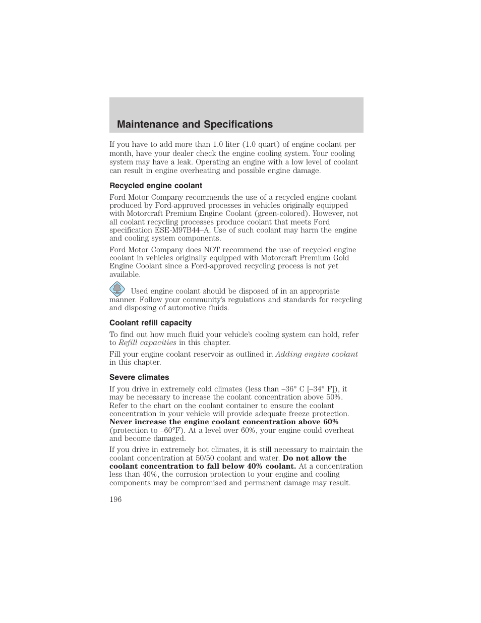 Maintenance and specifications | FORD 2002 Thunderbird User Manual | Page 196 / 232