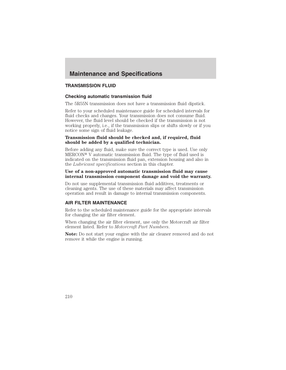 Maintenance and specifications | FORD 2002 Thunderbird User Manual | Page 210 / 232
