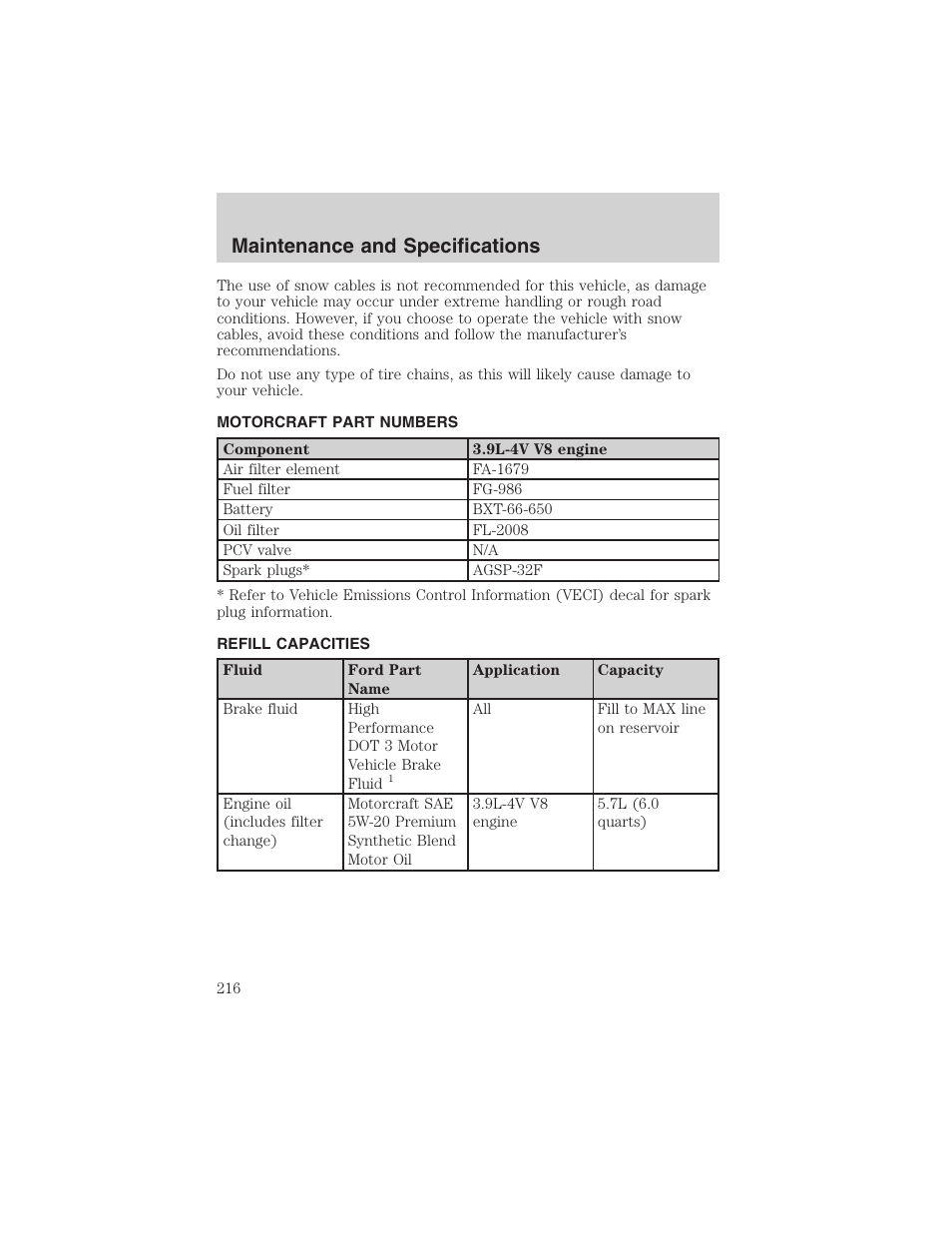 Maintenance and specifications | FORD 2002 Thunderbird User Manual | Page 216 / 232