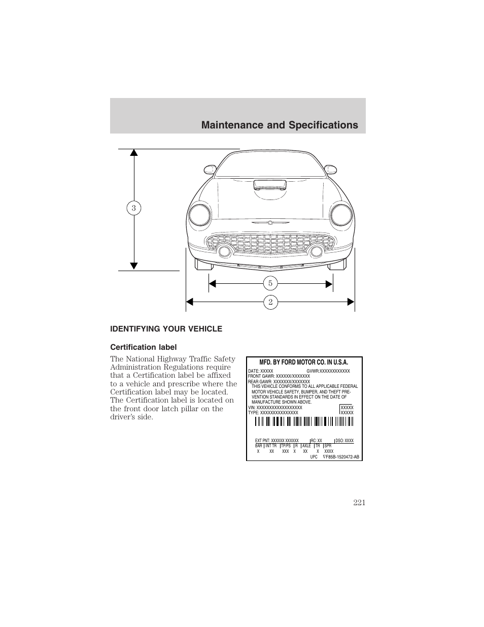 Maintenance and specifications | FORD 2002 Thunderbird User Manual | Page 221 / 232