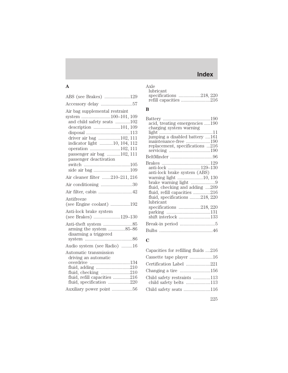 Index | FORD 2002 Thunderbird User Manual | Page 225 / 232