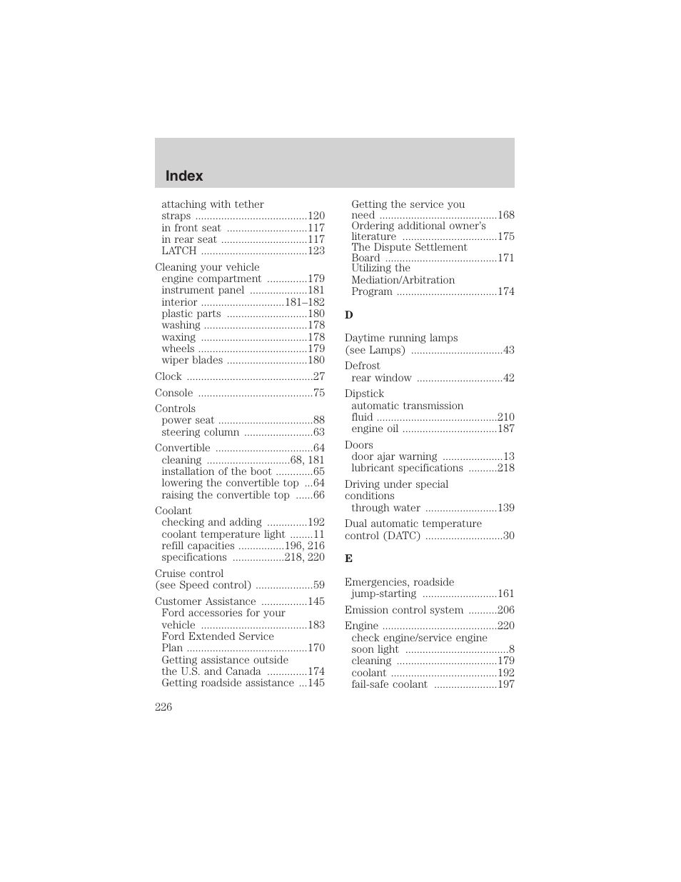Index | FORD 2002 Thunderbird User Manual | Page 226 / 232