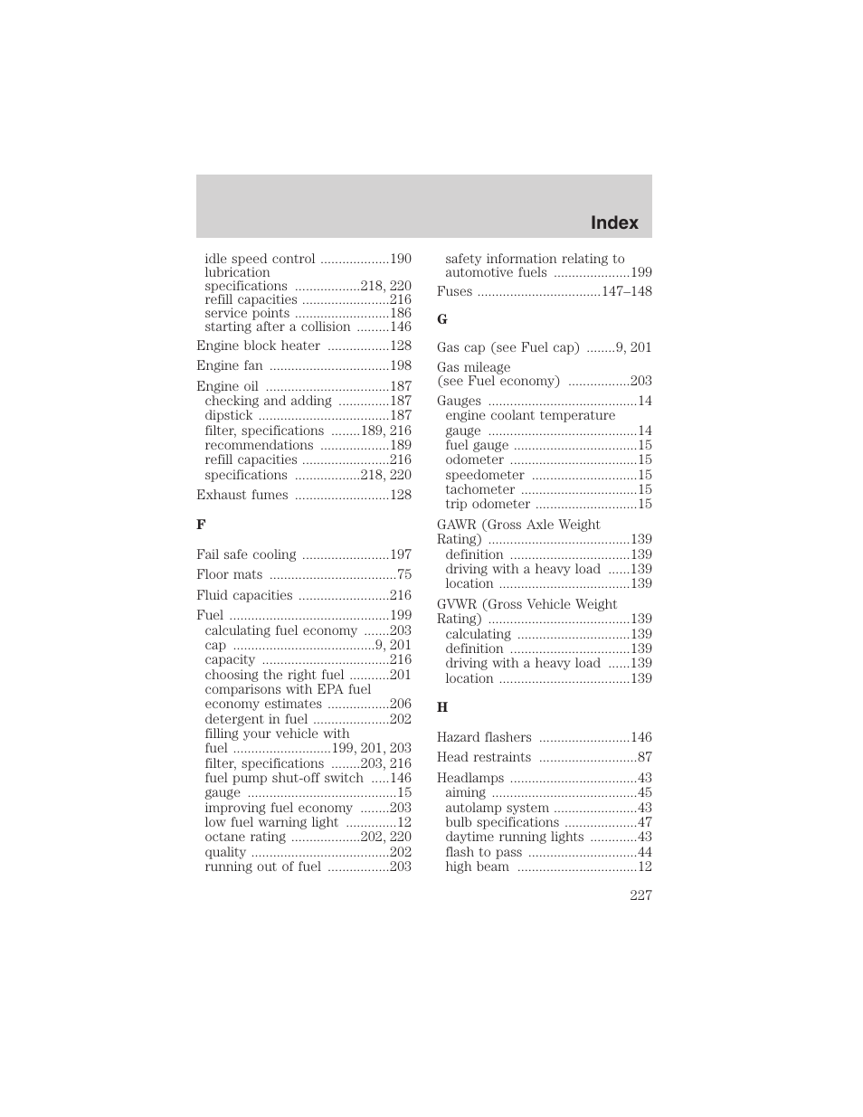 Index | FORD 2002 Thunderbird User Manual | Page 227 / 232