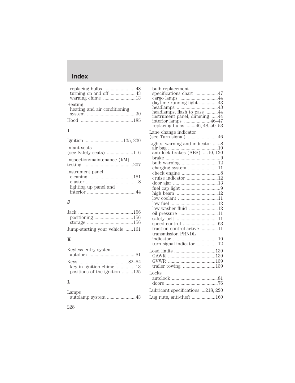 Index | FORD 2002 Thunderbird User Manual | Page 228 / 232