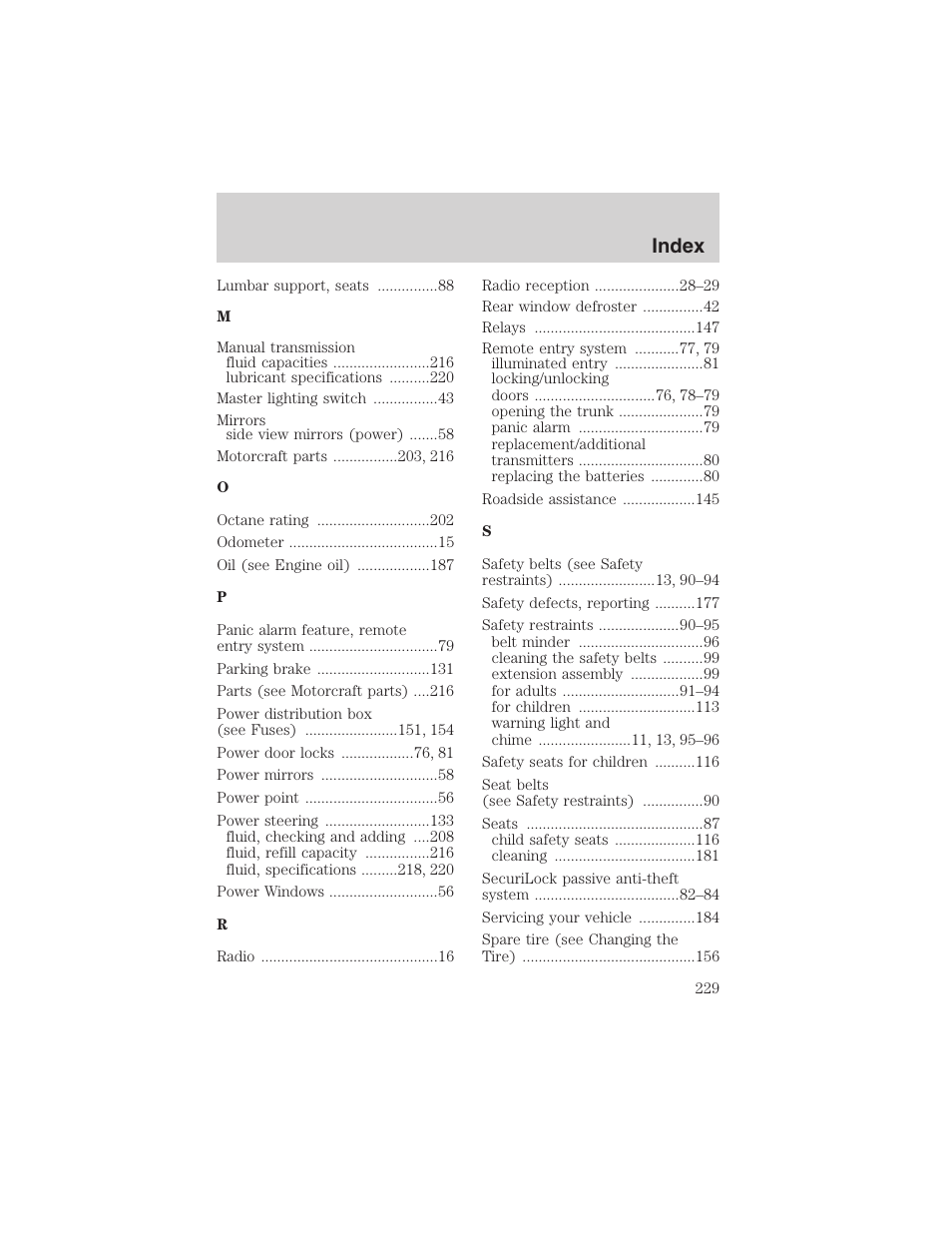 Index | FORD 2002 Thunderbird User Manual | Page 229 / 232