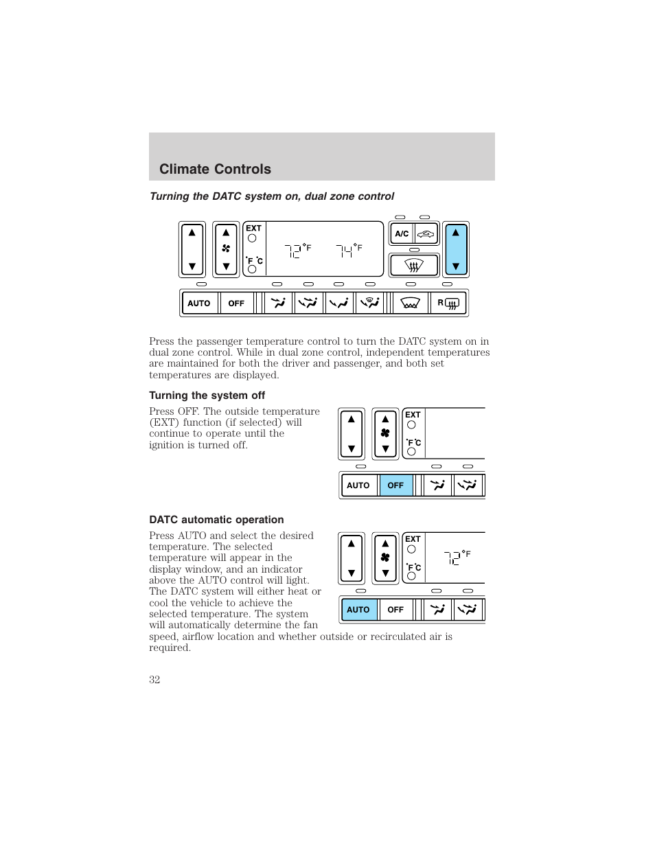 Climate controls | FORD 2002 Thunderbird User Manual | Page 32 / 232