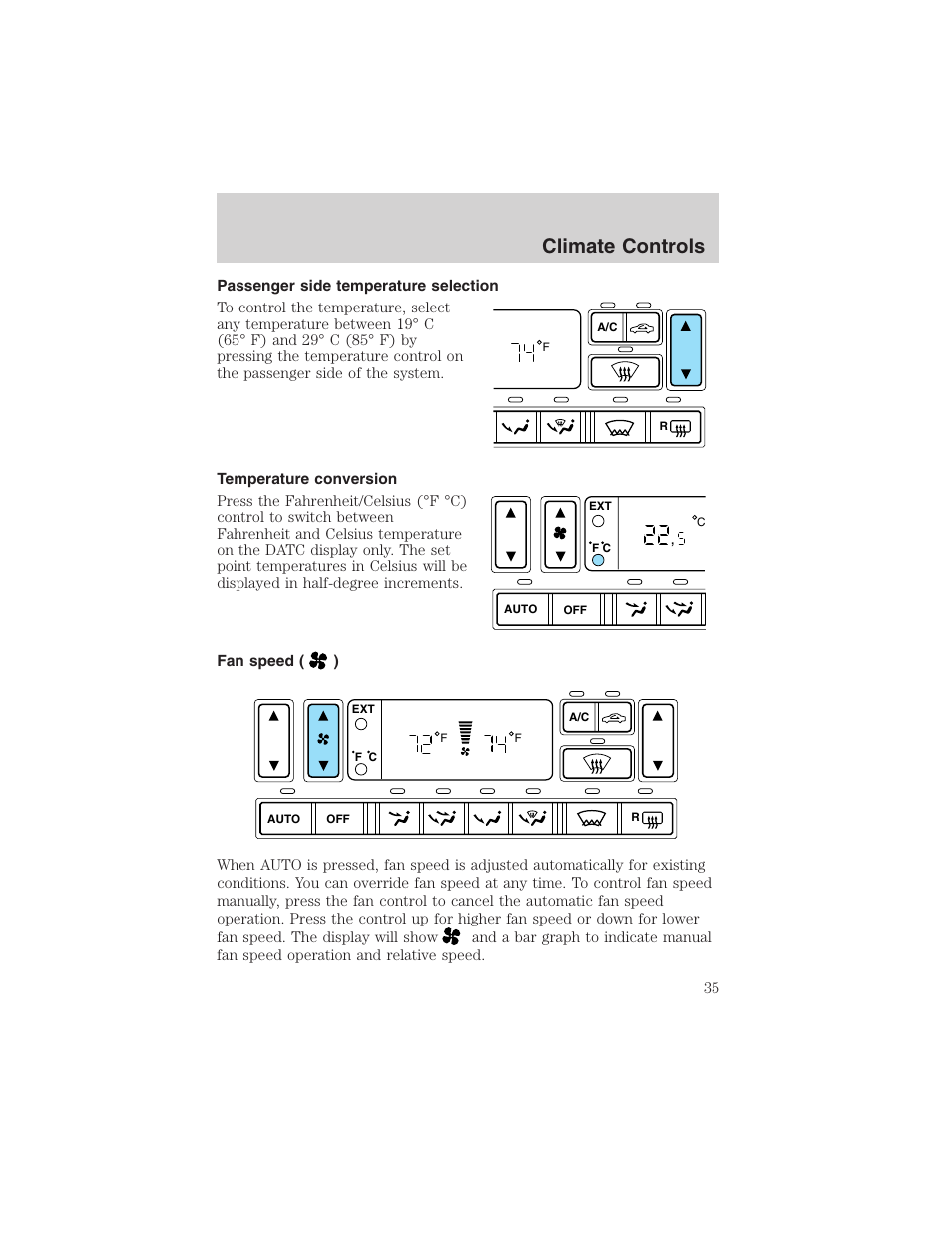 Climate controls | FORD 2002 Thunderbird User Manual | Page 35 / 232