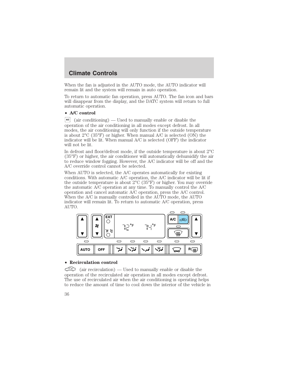 Climate controls | FORD 2002 Thunderbird User Manual | Page 36 / 232