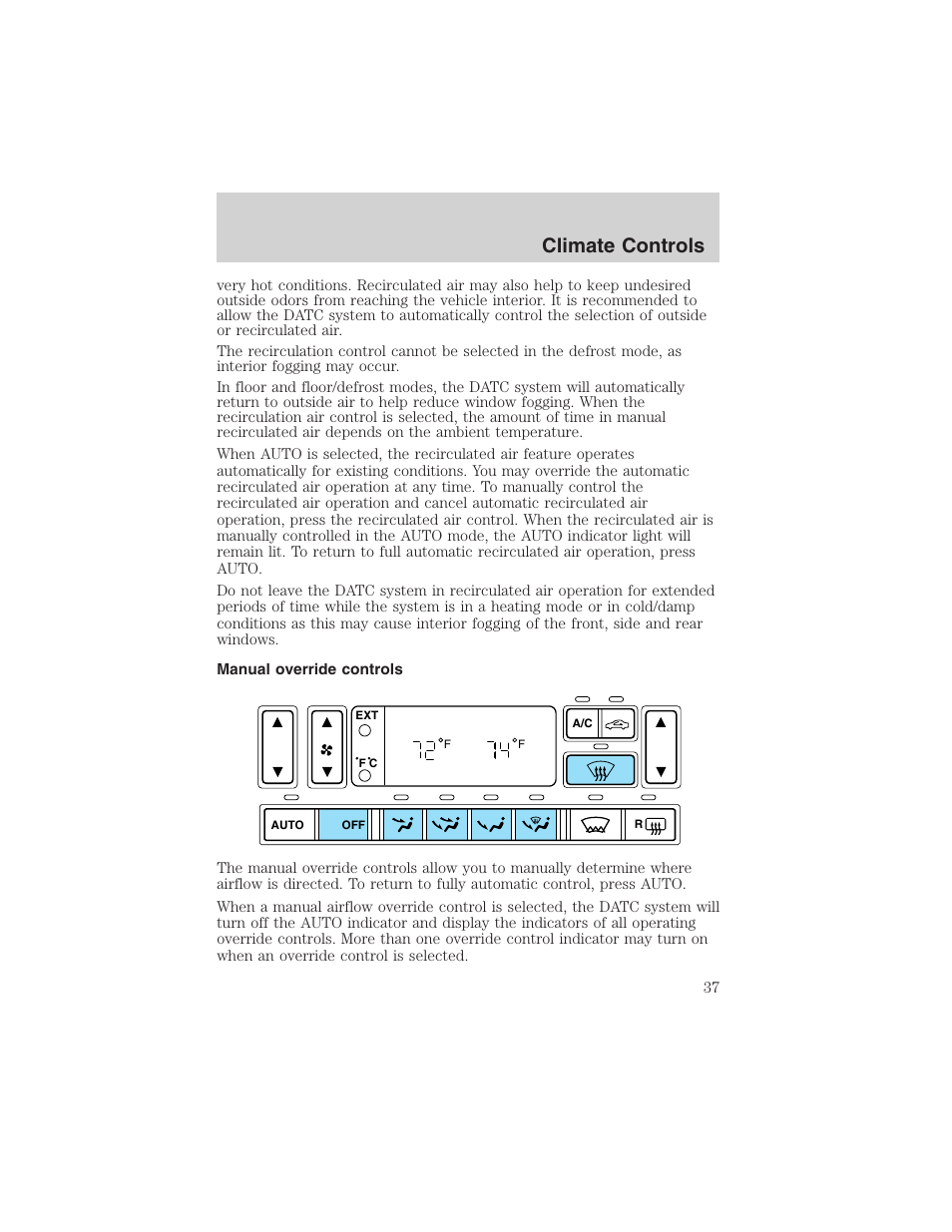 Climate controls | FORD 2002 Thunderbird User Manual | Page 37 / 232