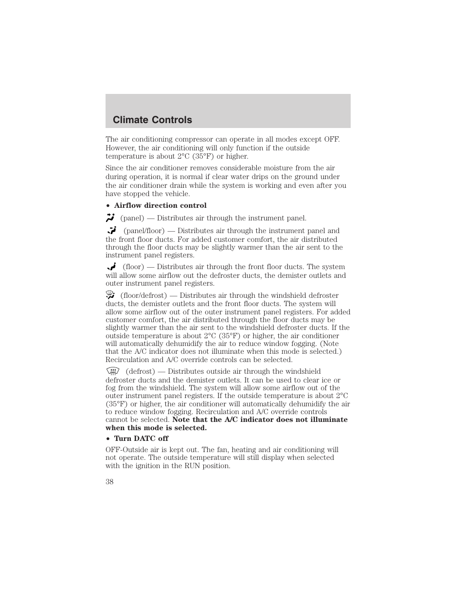 Climate controls | FORD 2002 Thunderbird User Manual | Page 38 / 232