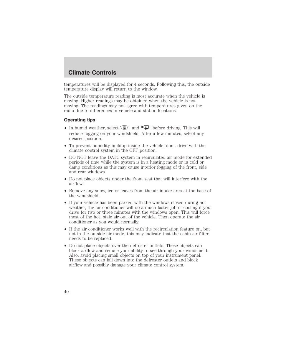 Climate controls | FORD 2002 Thunderbird User Manual | Page 40 / 232