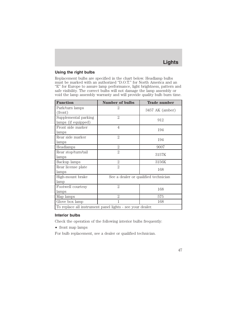 Lights | FORD 2002 Thunderbird User Manual | Page 47 / 232