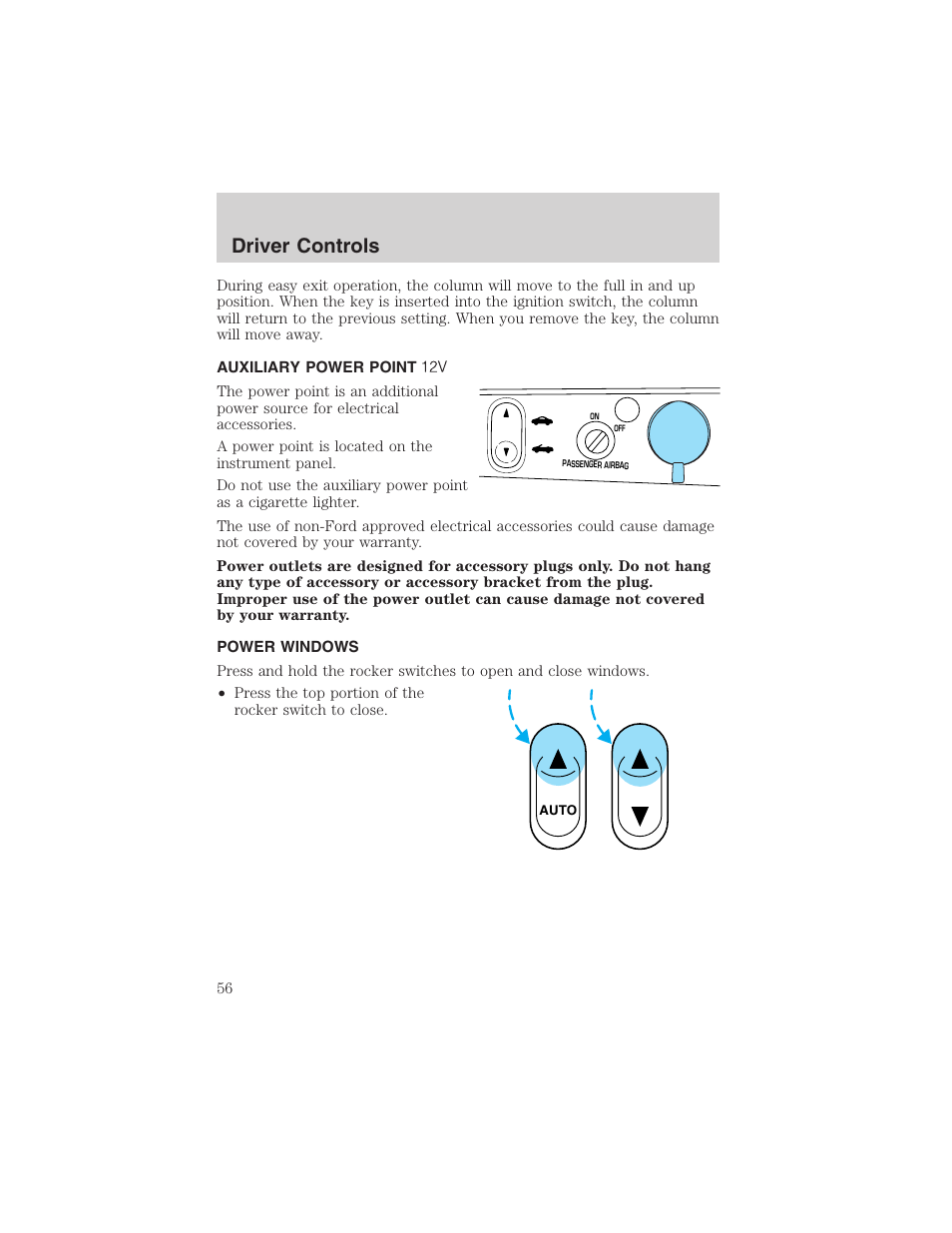 Driver controls | FORD 2002 Thunderbird User Manual | Page 56 / 232