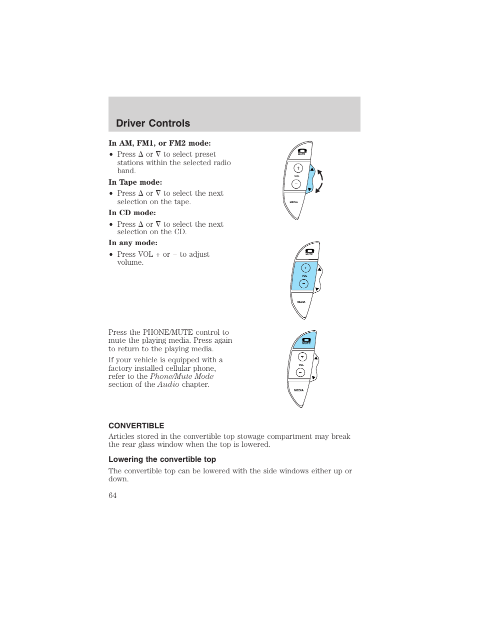 Driver controls | FORD 2002 Thunderbird User Manual | Page 64 / 232