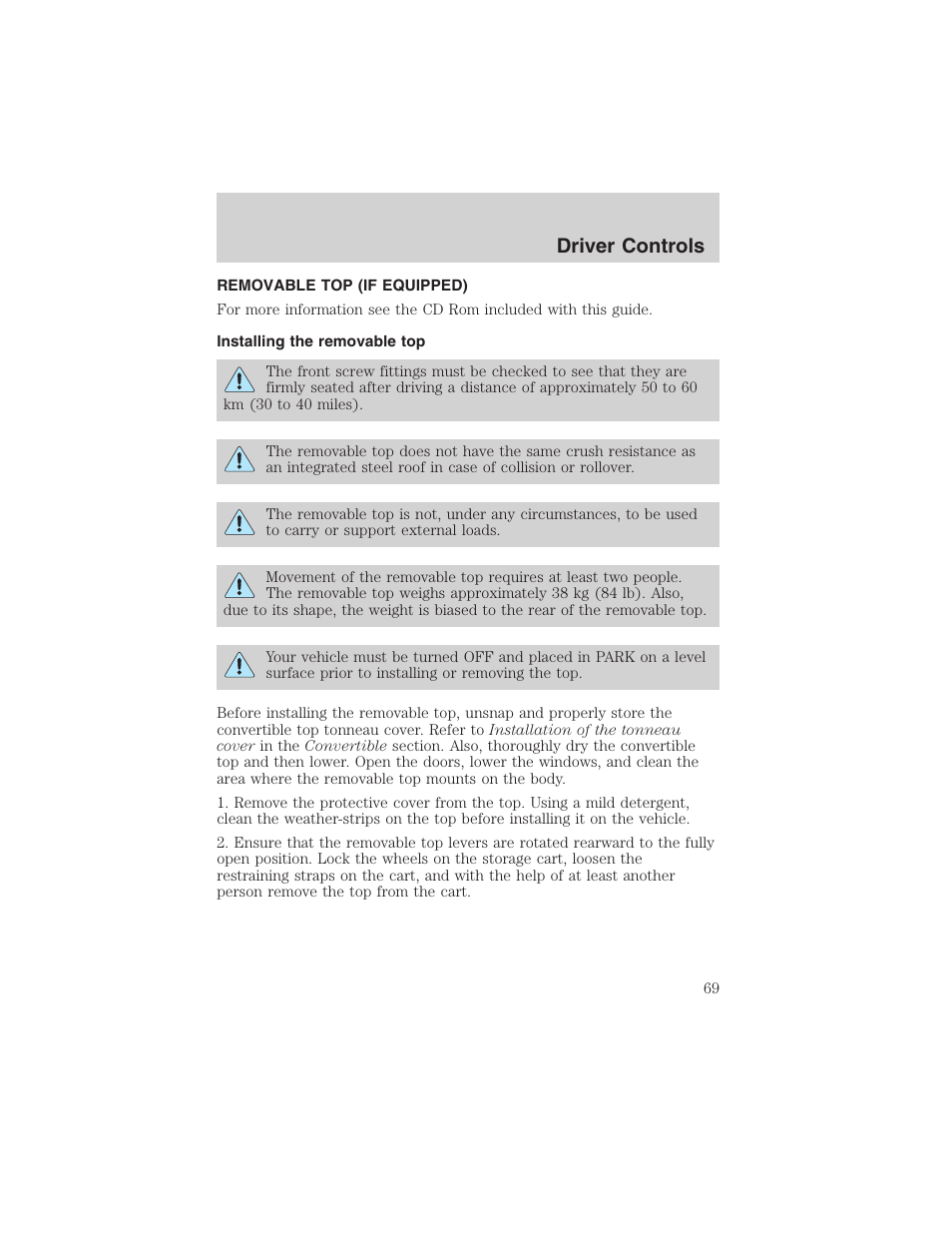 Driver controls | FORD 2002 Thunderbird User Manual | Page 69 / 232