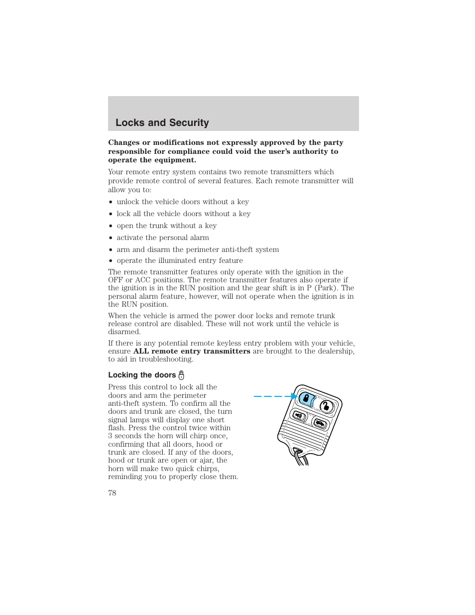 Locks and security | FORD 2002 Thunderbird User Manual | Page 78 / 232