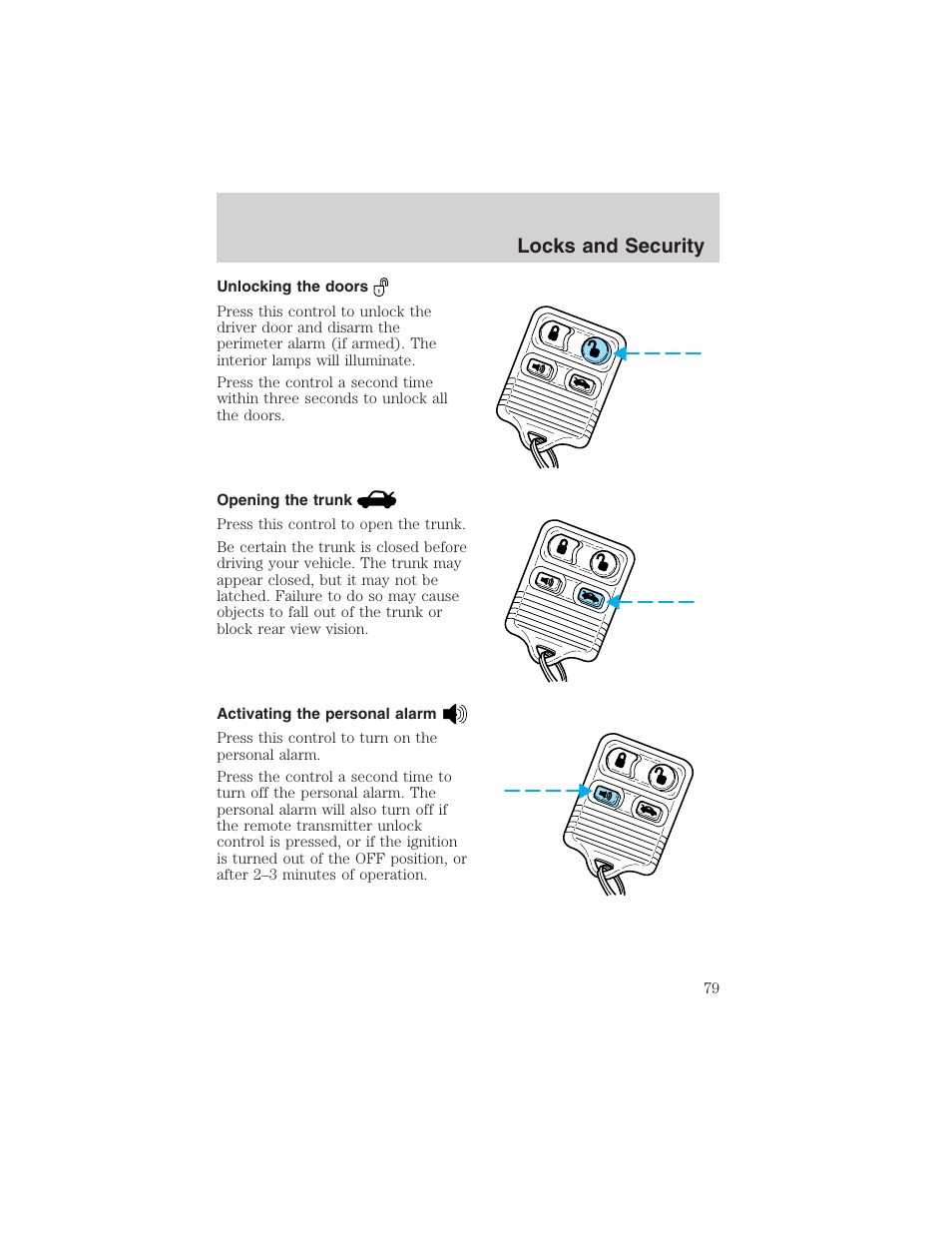 Locks and security | FORD 2002 Thunderbird User Manual | Page 79 / 232