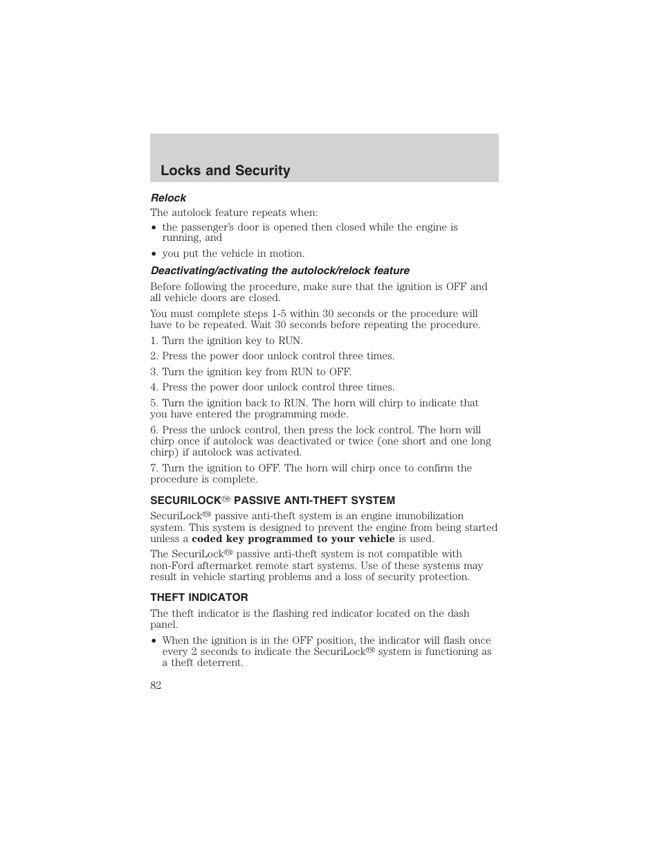 Locks and security | FORD 2002 Thunderbird User Manual | Page 82 / 232