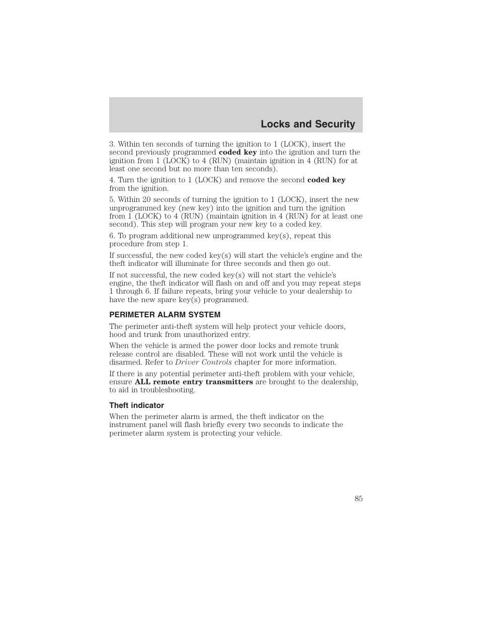 Locks and security | FORD 2002 Thunderbird User Manual | Page 85 / 232