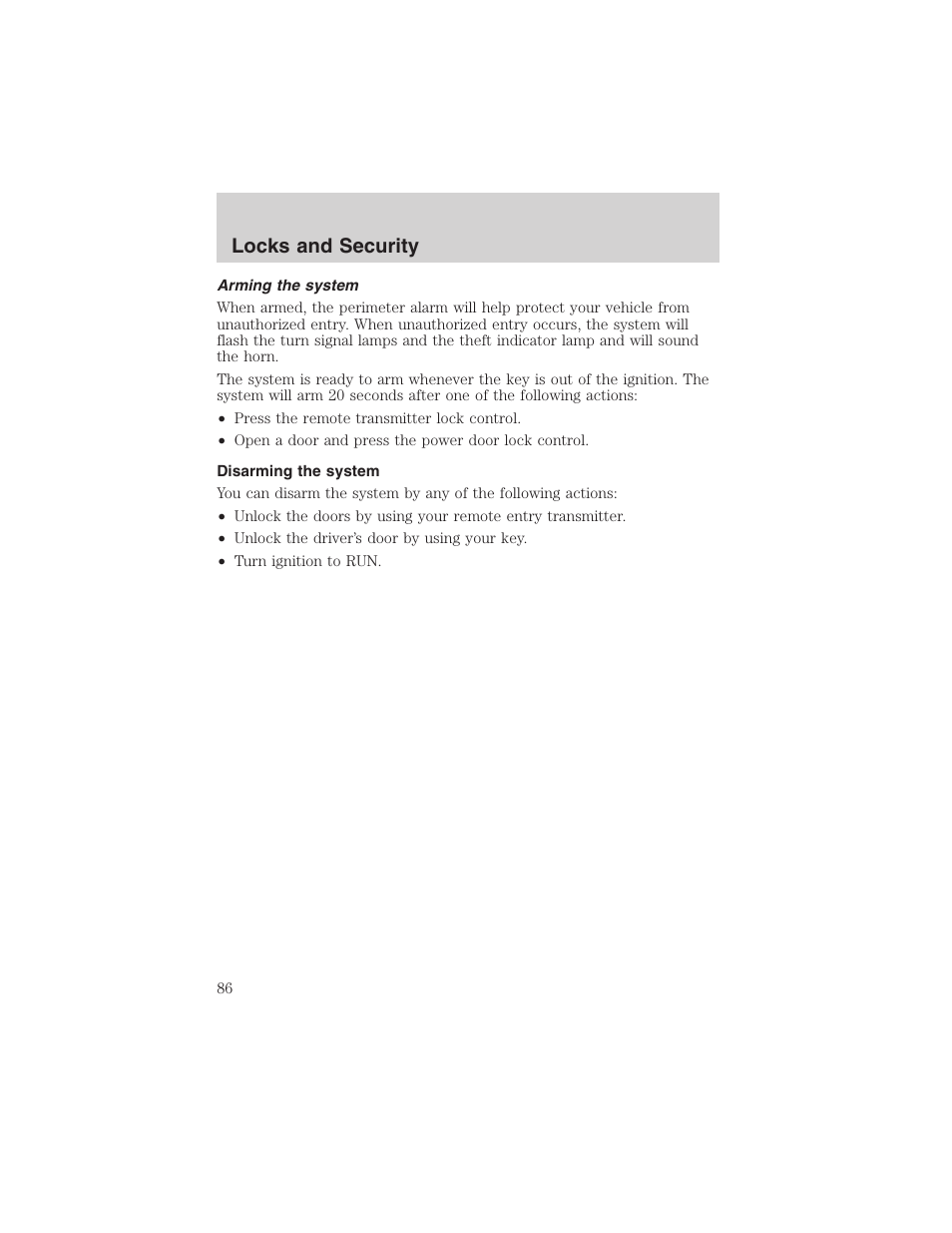 Locks and security | FORD 2002 Thunderbird User Manual | Page 86 / 232