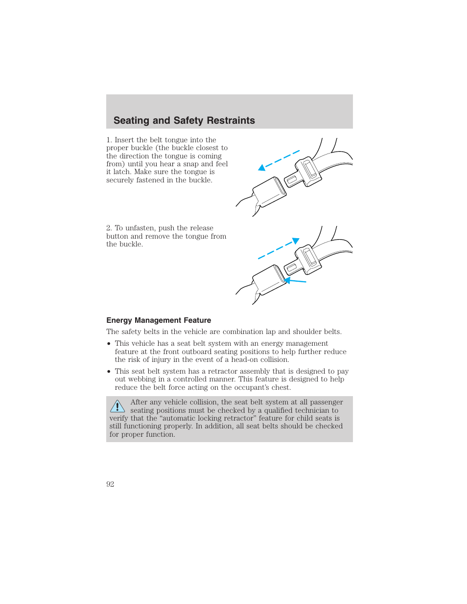 Seating and safety restraints | FORD 2002 Thunderbird User Manual | Page 92 / 232