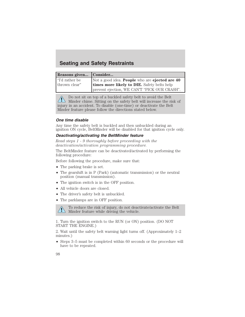 Seating and safety restraints | FORD 2002 Thunderbird User Manual | Page 98 / 232