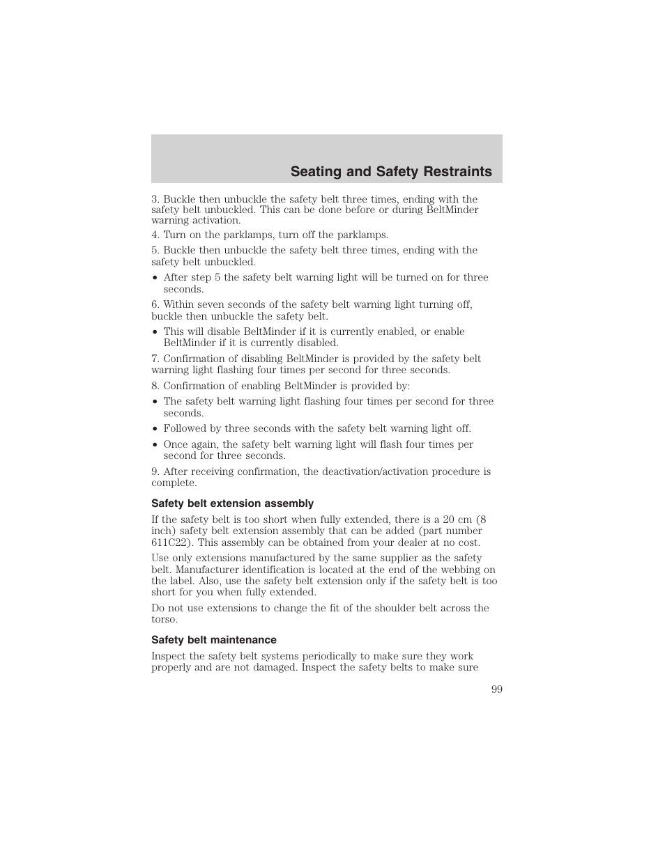 Seating and safety restraints | FORD 2002 Thunderbird User Manual | Page 99 / 232