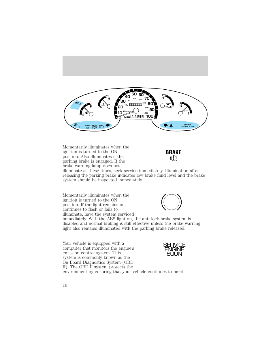 Instrumentation, Brake, Service engine soon | FORD 2000 E-150 User Manual | Page 10 / 232