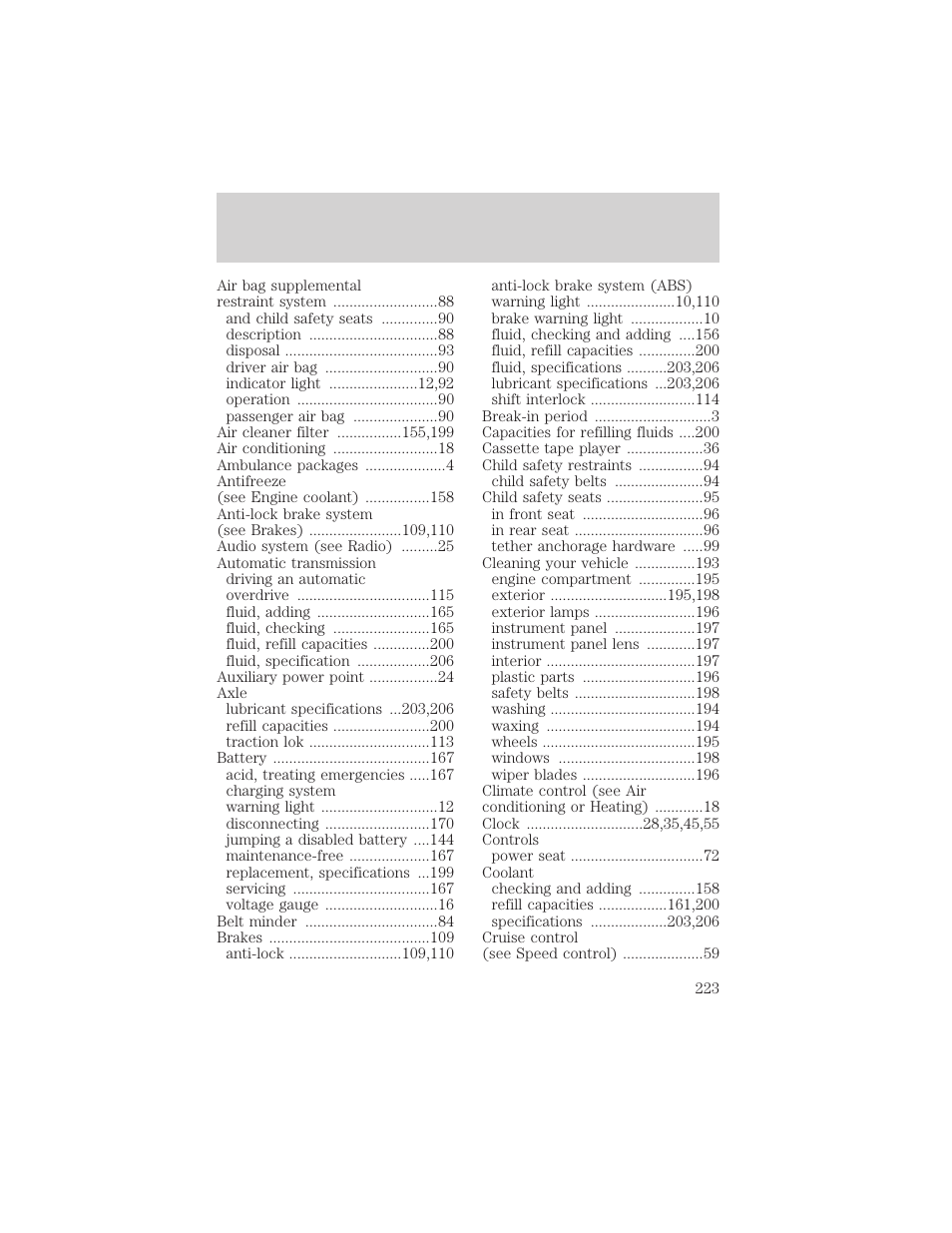Index | FORD 2000 E-150 User Manual | Page 223 / 232