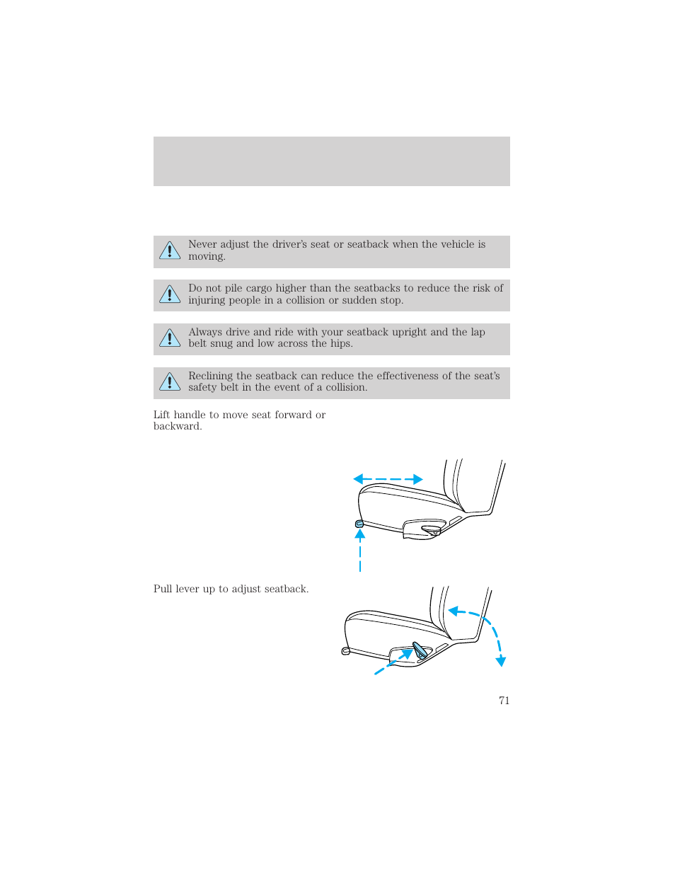 Seating and safety restraints | FORD 2000 E-150 User Manual | Page 71 / 232