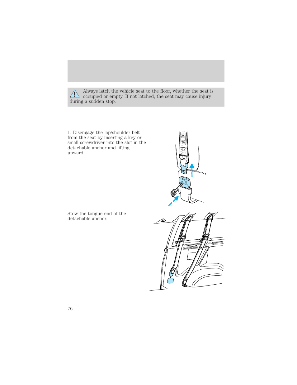 Seating and safety restraints | FORD 2000 E-150 User Manual | Page 76 / 232