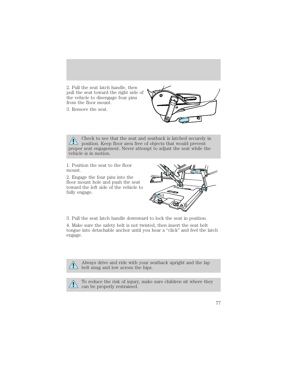 Seating and safety restraints | FORD 2000 E-150 User Manual | Page 77 / 232