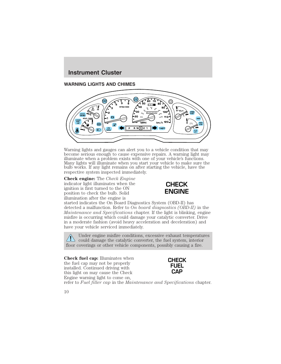 Instrument cluster, Check engine | FORD 2003 Ranger User Manual | Page 10 / 256