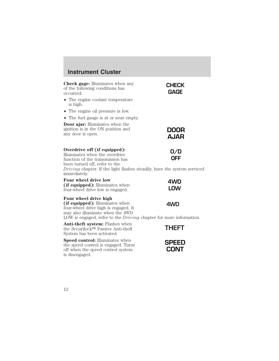 Door ajar, Speed cont | FORD 2003 Ranger User Manual | Page 12 / 256