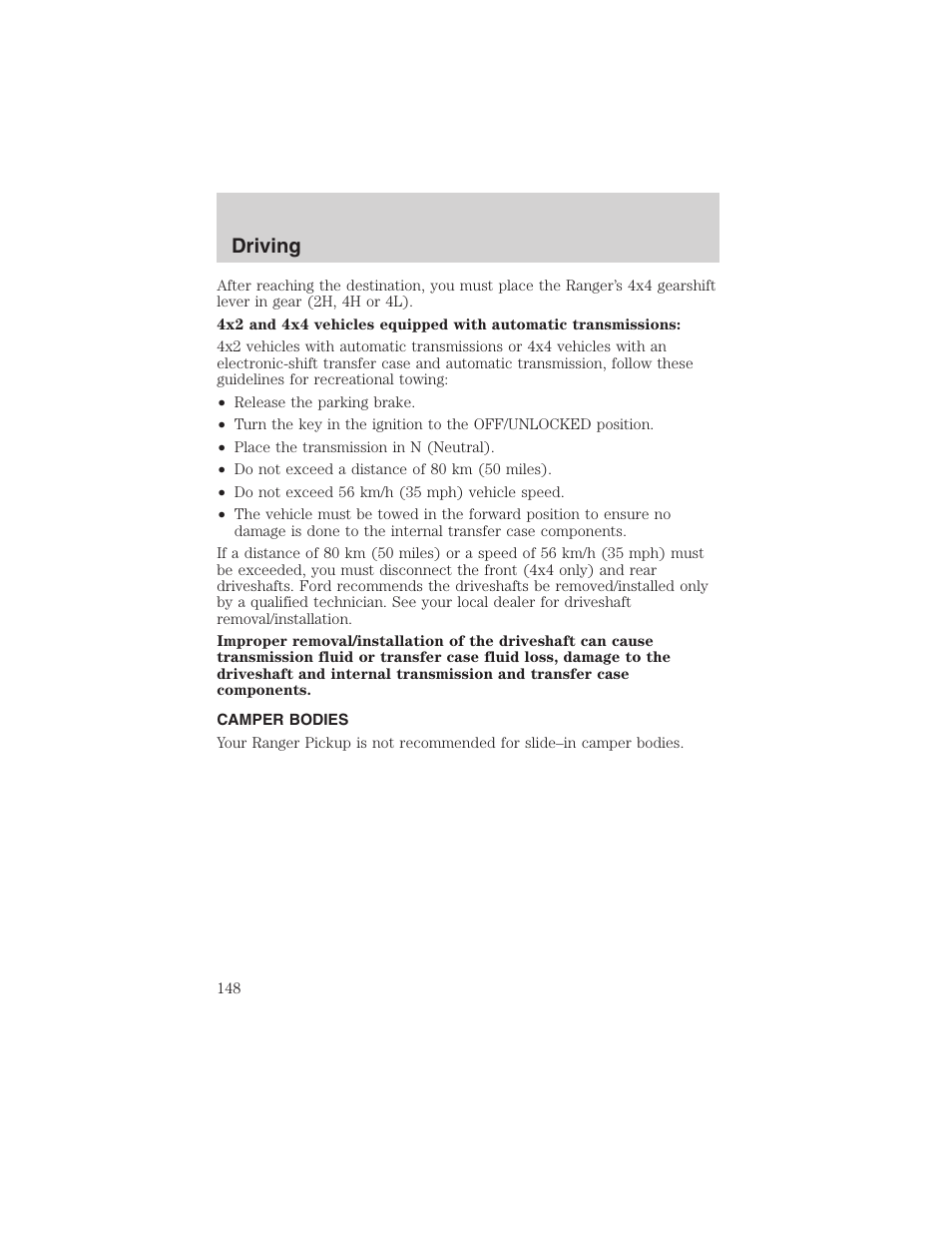 Driving | FORD 2003 Ranger User Manual | Page 148 / 256