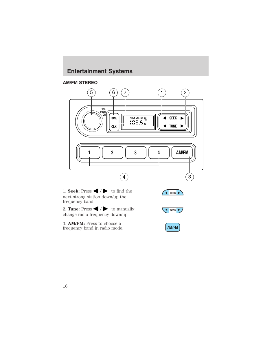 Entertainment systems, 12 3 4 am/fm | FORD 2003 Ranger User Manual | Page 16 / 256