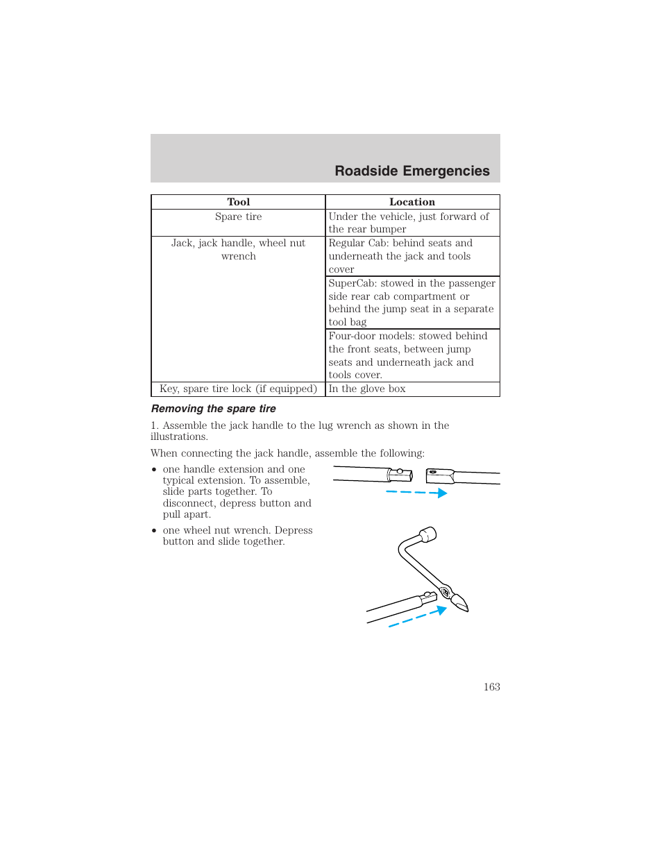 Roadside emergencies | FORD 2003 Ranger User Manual | Page 163 / 256