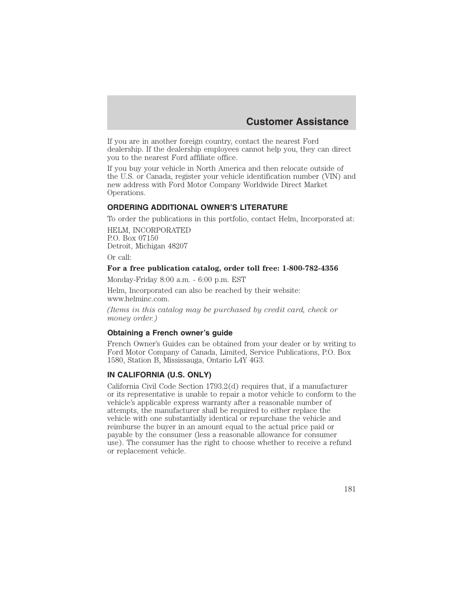 Customer assistance | FORD 2003 Ranger User Manual | Page 181 / 256