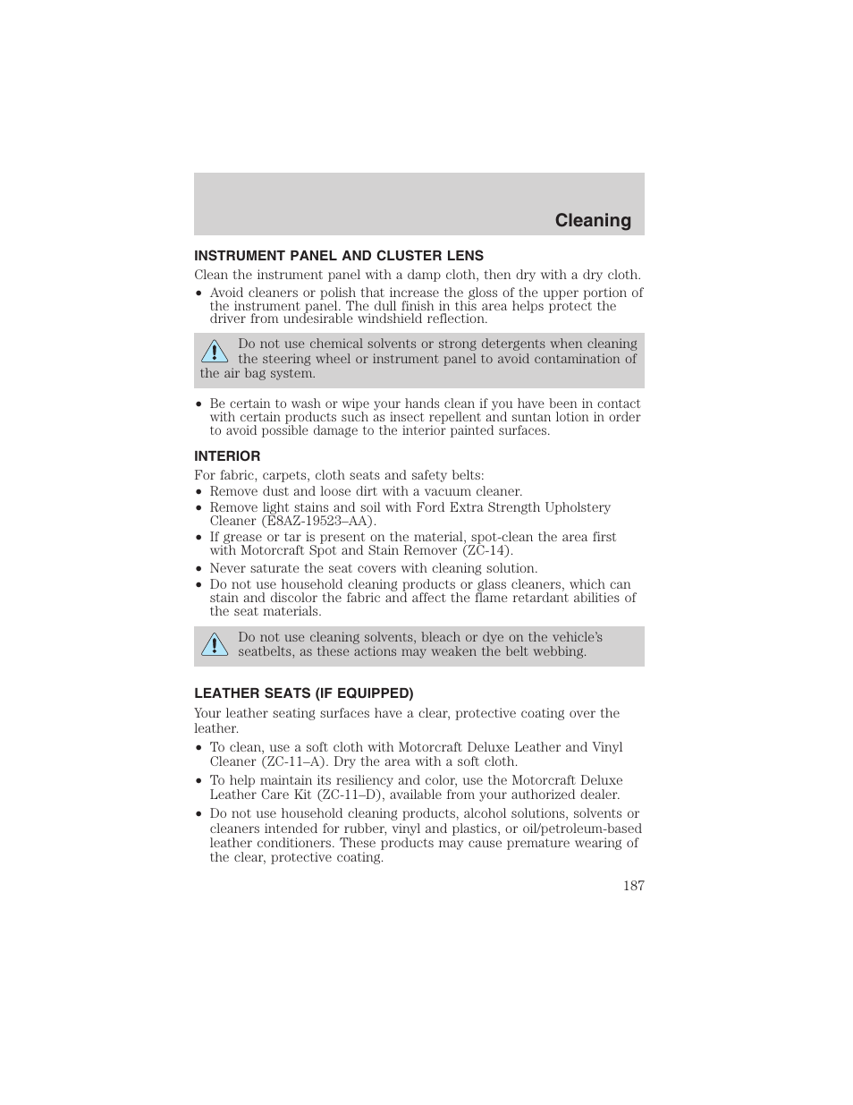 Cleaning | FORD 2003 Ranger User Manual | Page 187 / 256