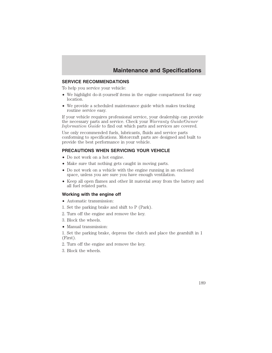 Maintenance and specifications | FORD 2003 Ranger User Manual | Page 189 / 256