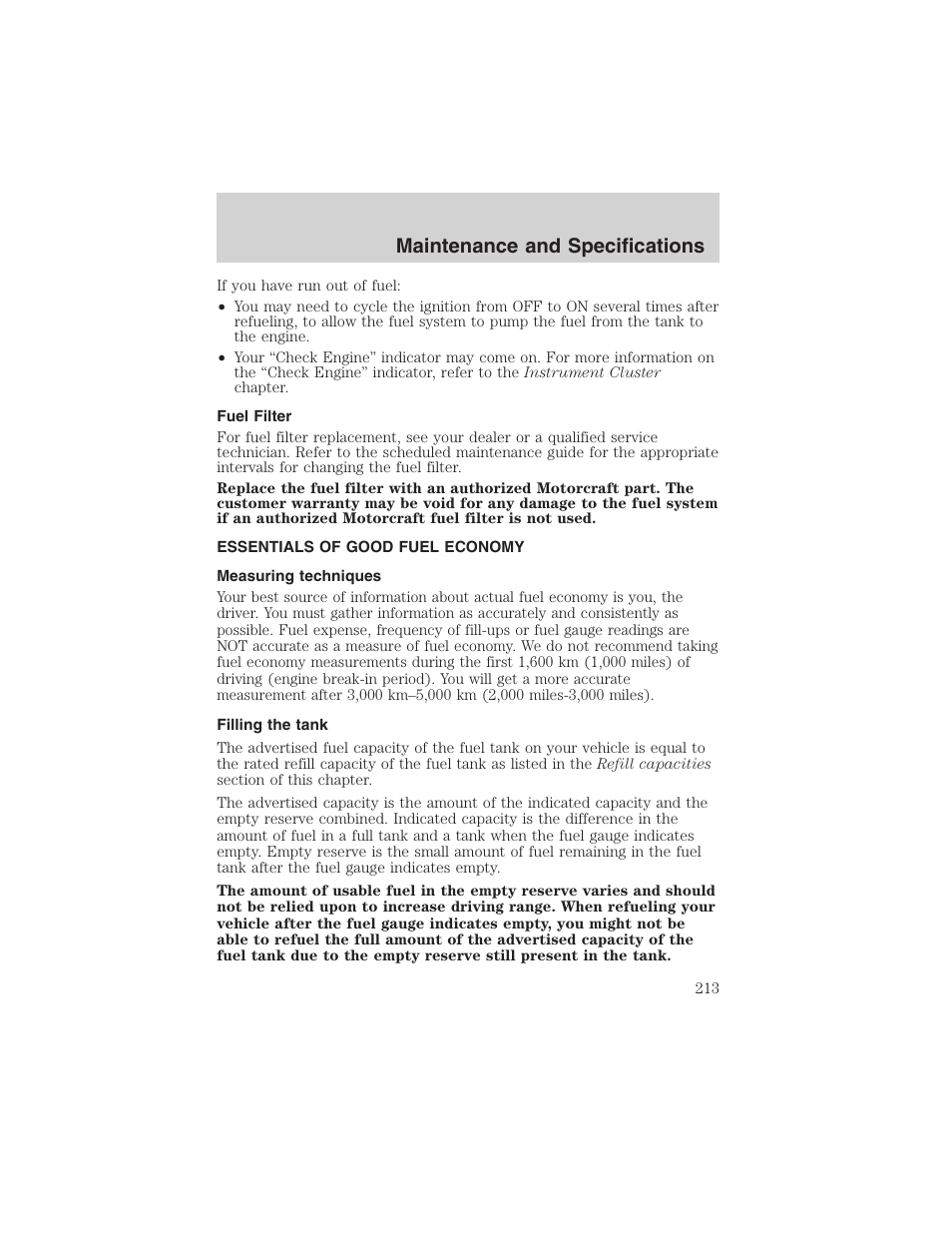 Maintenance and specifications | FORD 2003 Ranger User Manual | Page 213 / 256