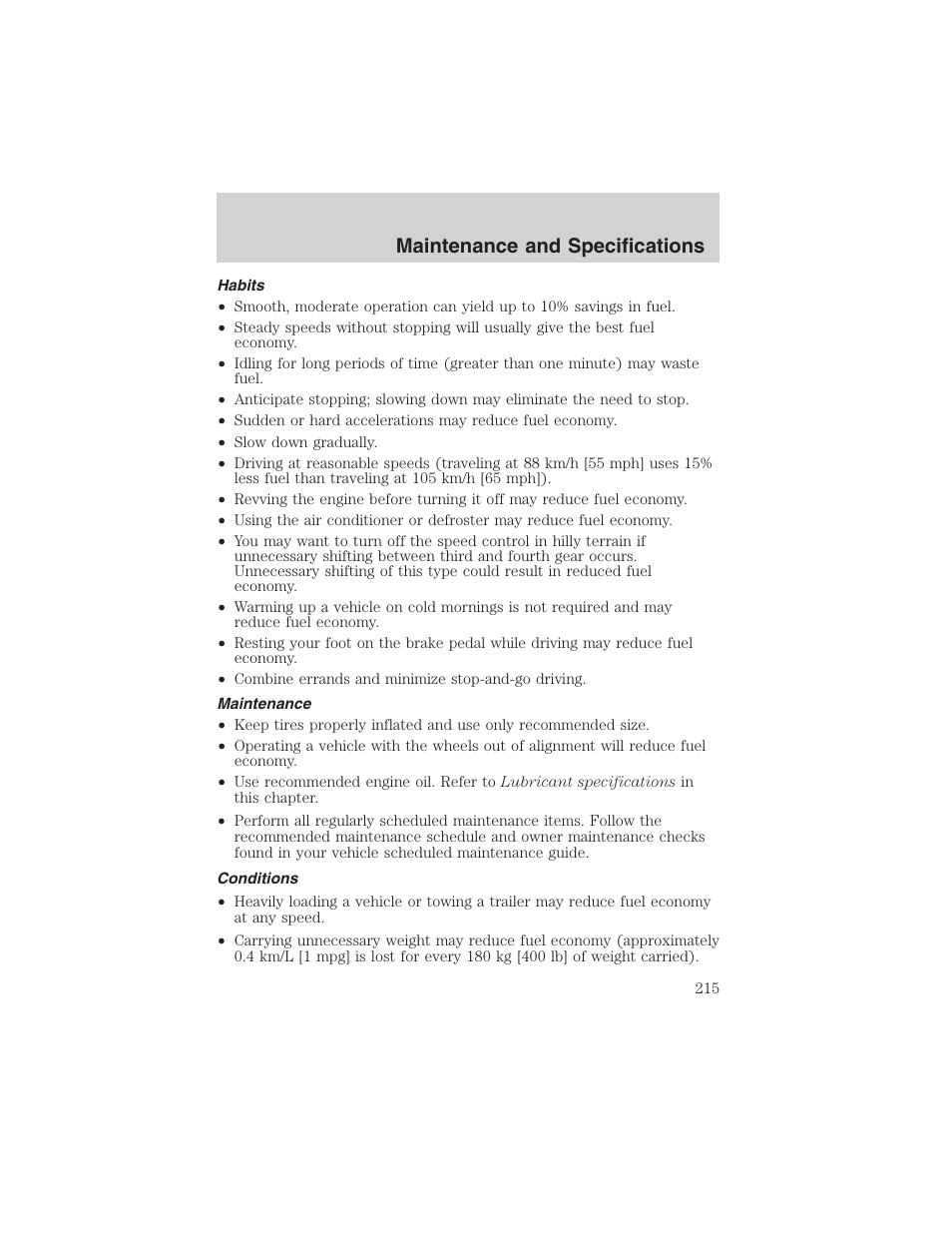 Maintenance and specifications | FORD 2003 Ranger User Manual | Page 215 / 256
