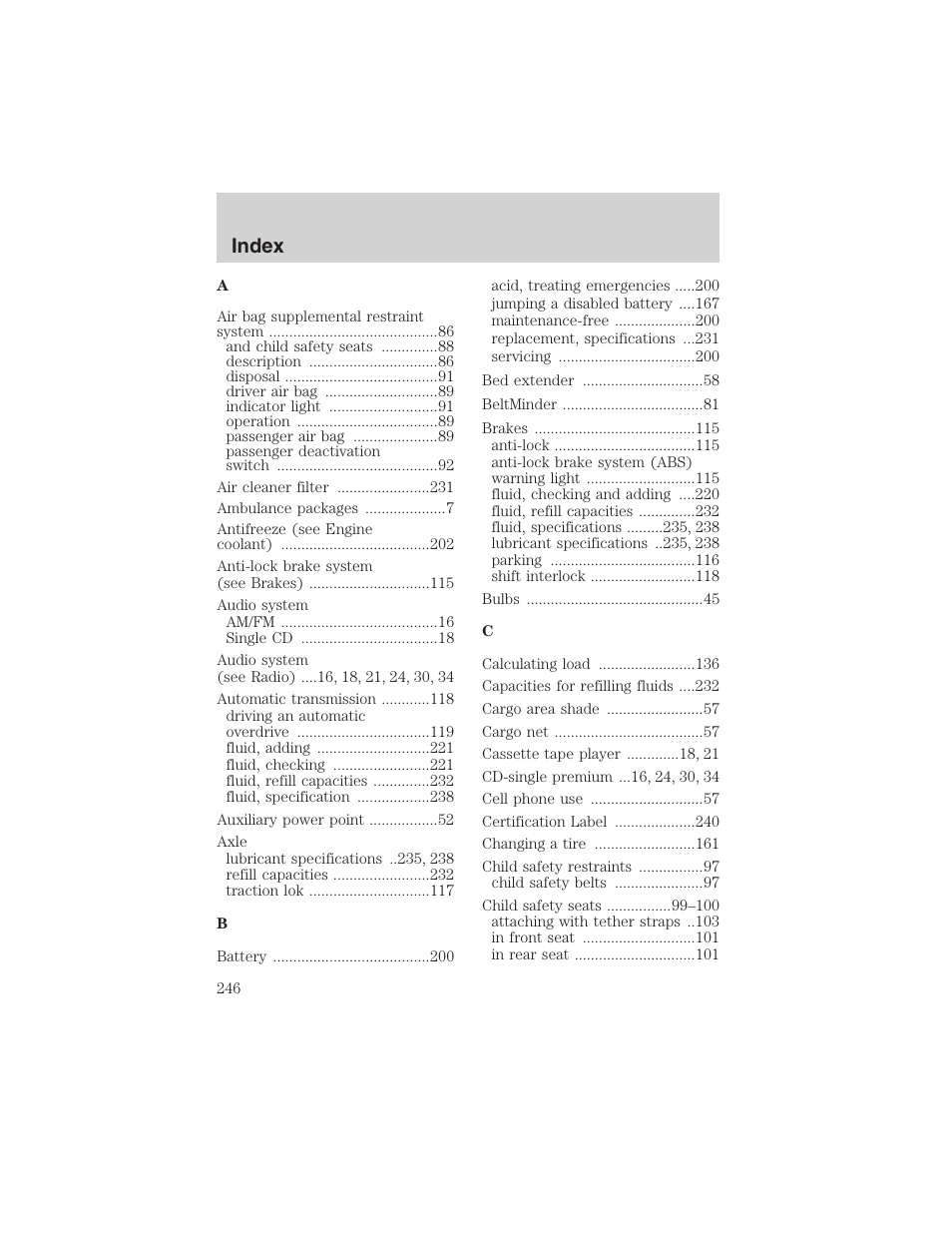 Index | FORD 2003 Ranger User Manual | Page 246 / 256