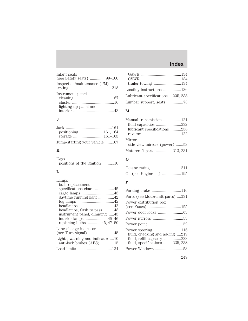 Index | FORD 2003 Ranger User Manual | Page 249 / 256