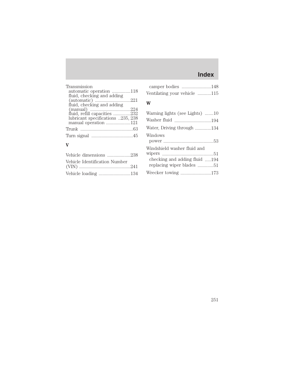 Index | FORD 2003 Ranger User Manual | Page 251 / 256