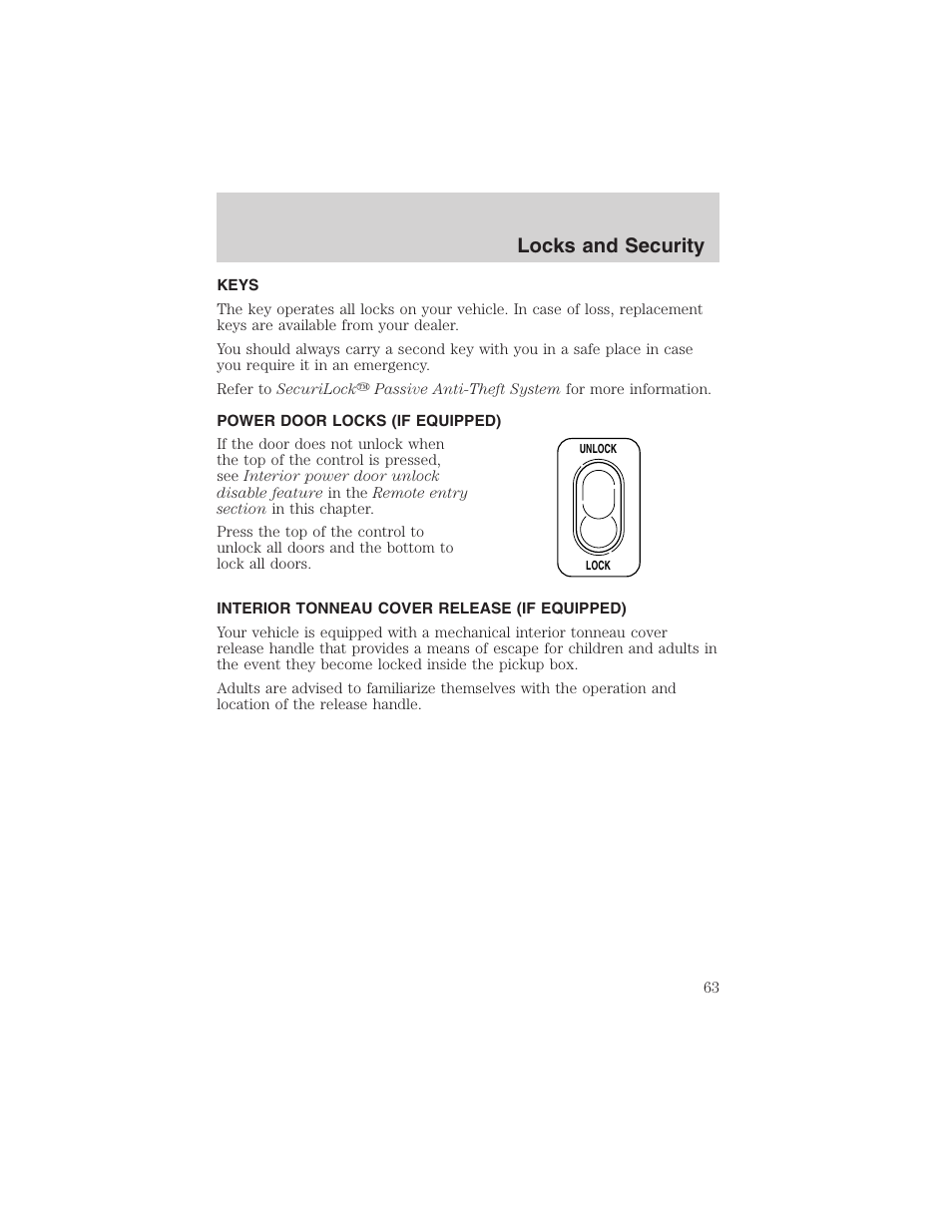 Locks and security | FORD 2003 Ranger User Manual | Page 63 / 256