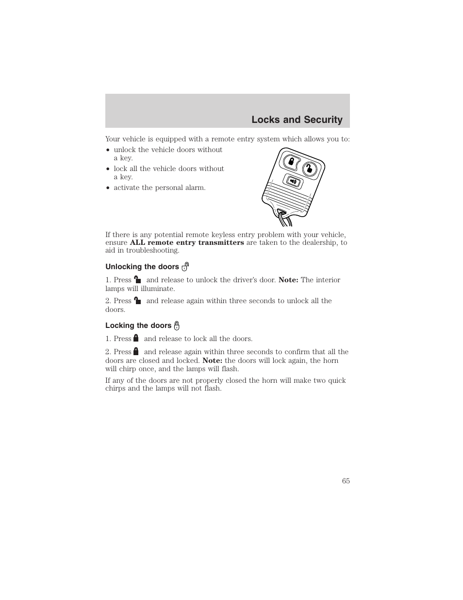 Locks and security | FORD 2003 Ranger User Manual | Page 65 / 256