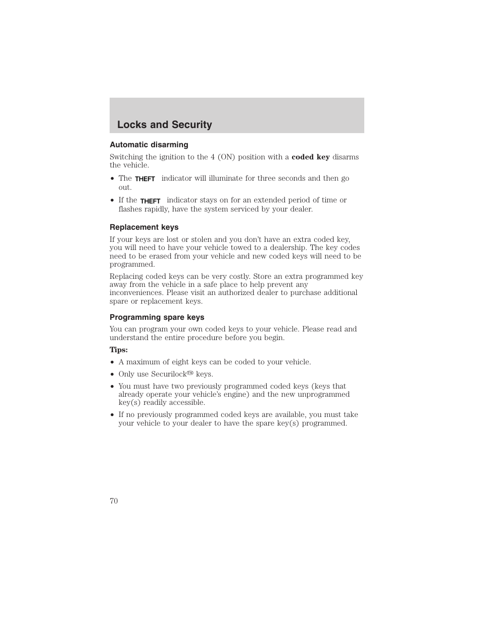 Locks and security | FORD 2003 Ranger User Manual | Page 70 / 256