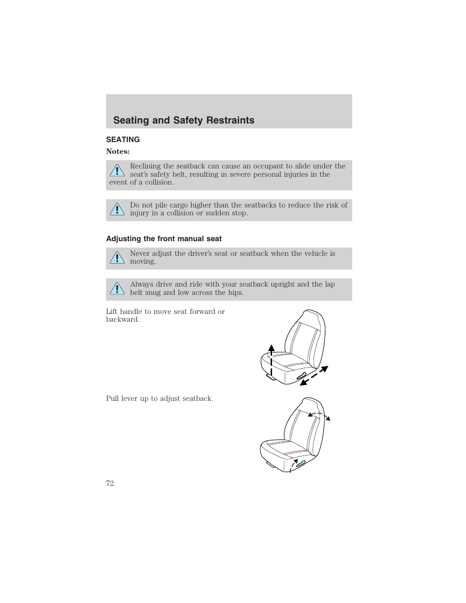 Seating and safety restraints | FORD 2003 Ranger User Manual | Page 72 / 256